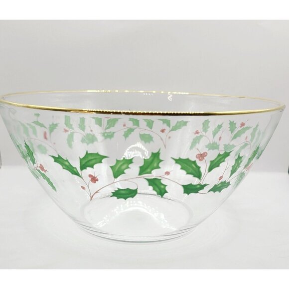 Lenox Arcoroc Christmas Holly Berry 9” Clear Glass Serving Bowl with Gold Trim - Picture 2 of 11